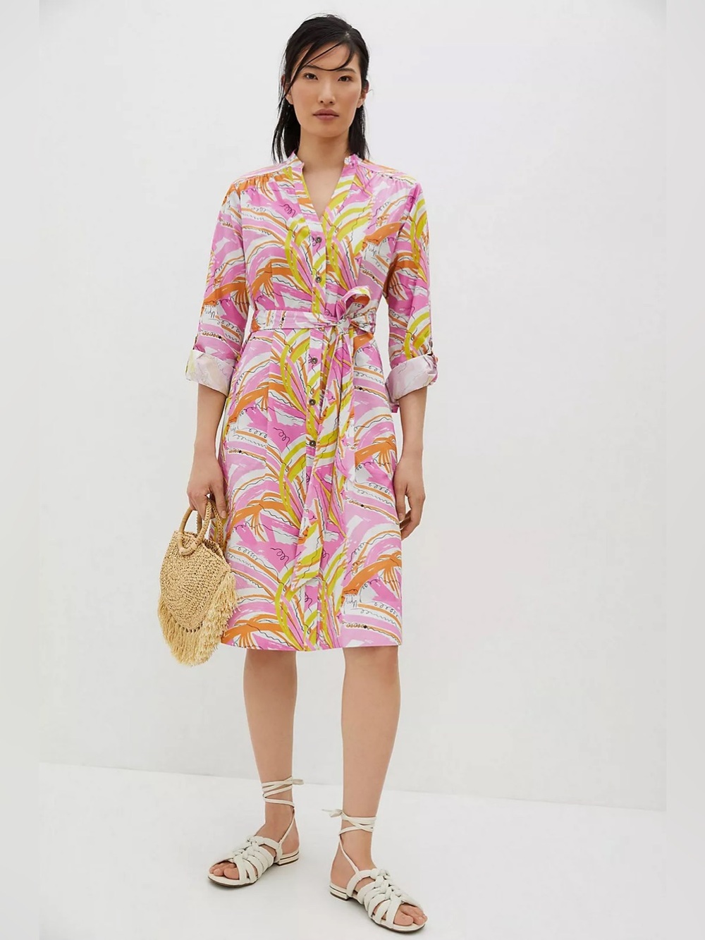 ANTHROPOLOGIE Confetti Midi Dress Pink Cotton Shirtdress Size Small